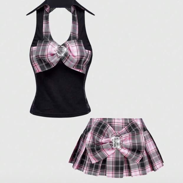 쉬인 히메갸루깔 리본탑 체크 스커트 세트  