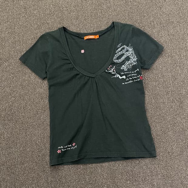 L)Japanese vintage 여성 v넥 드래곤 그래픽 반팔