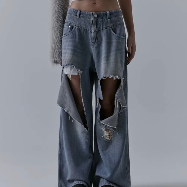 트리밍버드 플립 컷아웃 데미지 데님팬츠