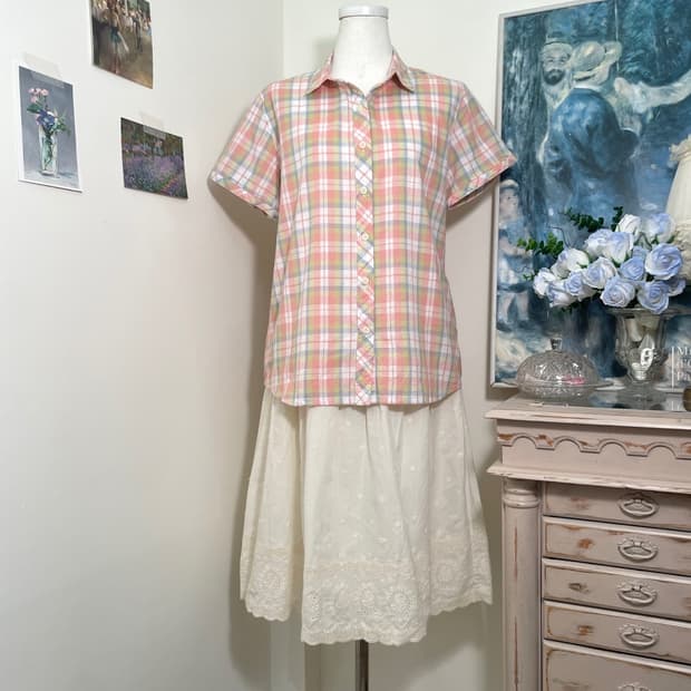 coral pastel check cotton half shirt