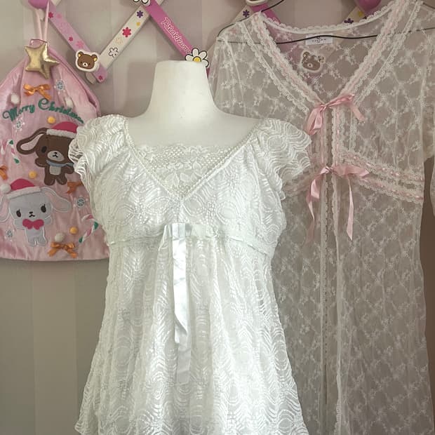 빈티지러블리코디세트레이스블라우스리본슬립로브가디건