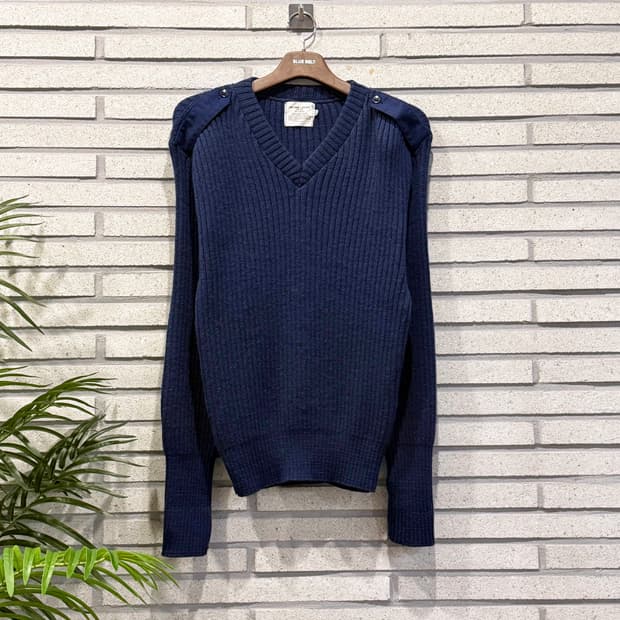 USA VINTAGE 브이넥 미군 골지 울니트 견장 리브마감 디테일 블루