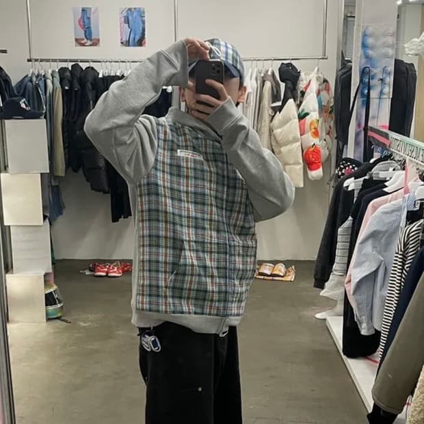 CHECK MIXED ZIPUP HOODIE (MELANGE GREY)