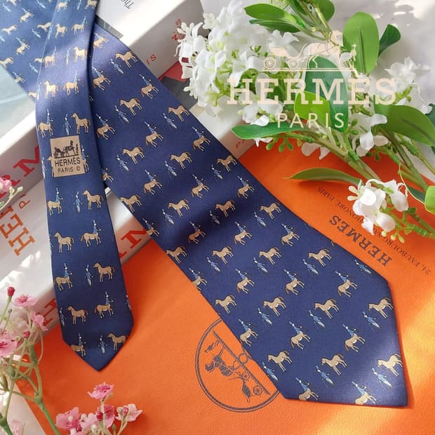 에르메스 실크 네이비 승마 모티브 넥타이 9.5cm A등급 K2143