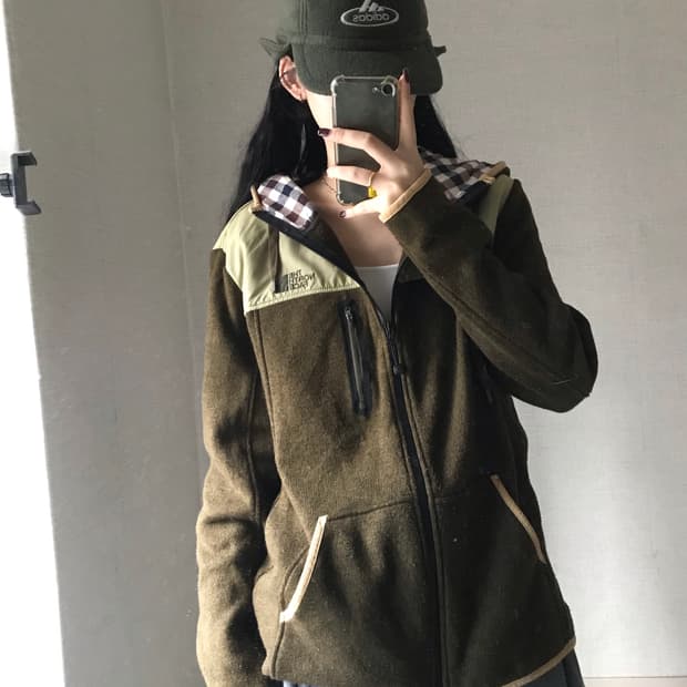 노페 카키브라운 체크후드 후리스