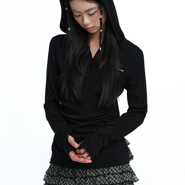 Roughneck Henley Hooded Long Sleeve Top 