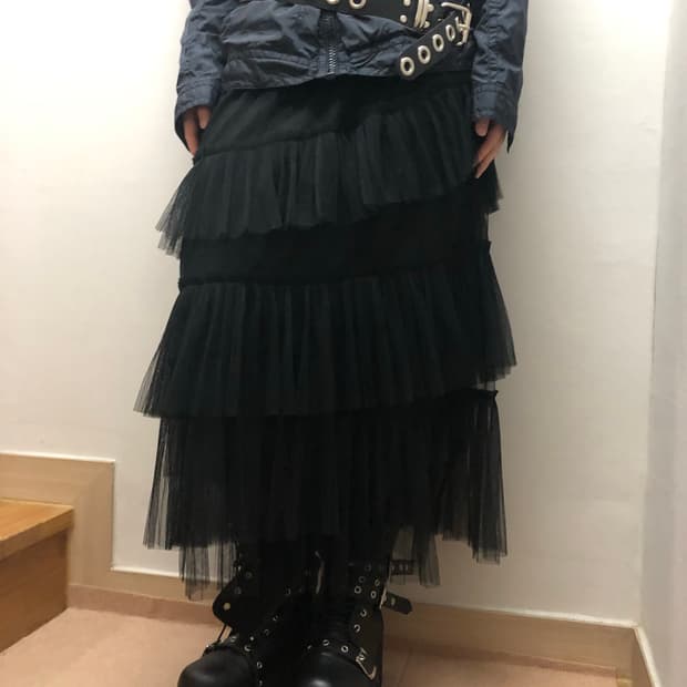 빈티지 블랙 레이스 러플 스커트