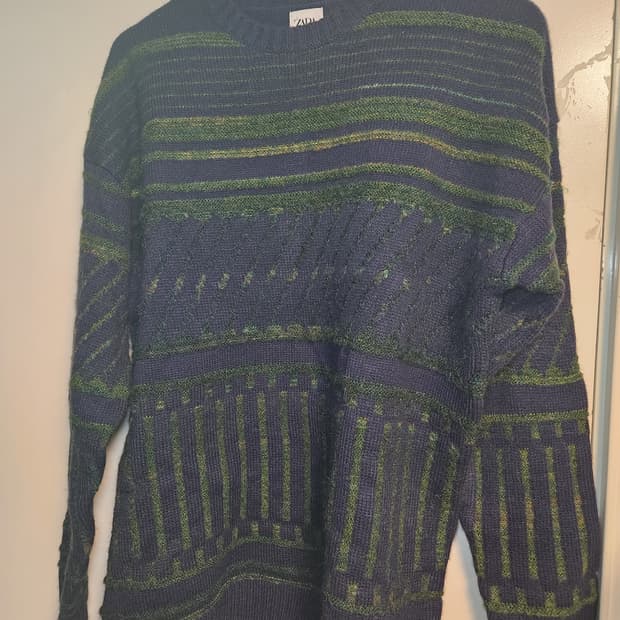 자라 네이비/그린 패턴 니트 스웨터 L
