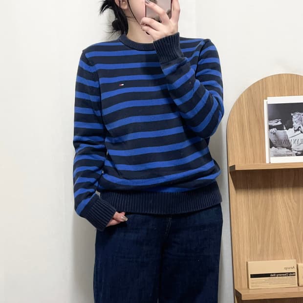[정품]  타미 네이비 단가라 라운드 니트 [ S ]