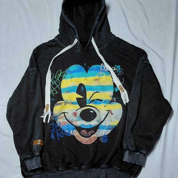 [ONE WAY] 원웨이 빈티지 미키 피그먼트 데미지 후드티