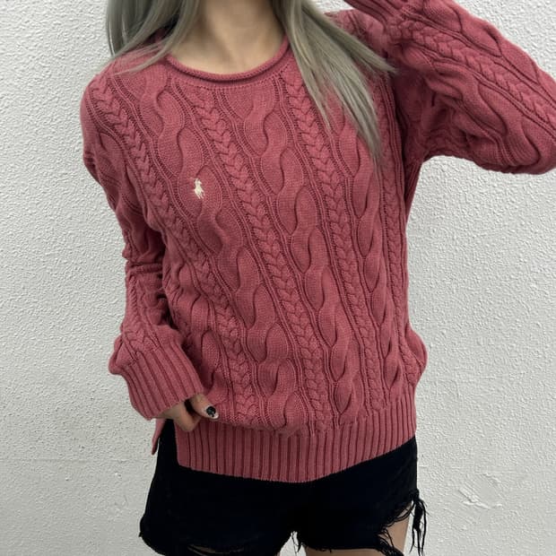 폴로 랄프로렌 화이트포니 핑크 꽈배기 니트 S
