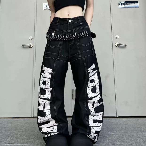 와이드 그래픽 데님 팬츠 