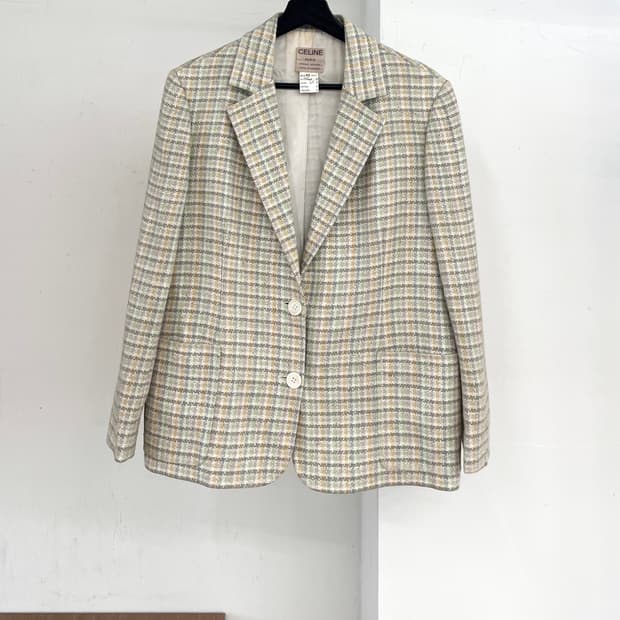 셀린느 그린 체크드 울 투버튼 노치 칼라 자켓