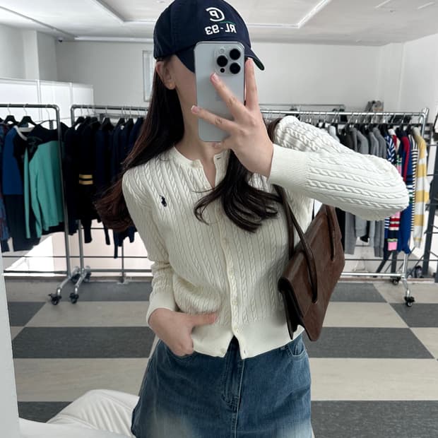 폴로 랄프로렌 아이보리 네이비포니 케이블 니트 가디건