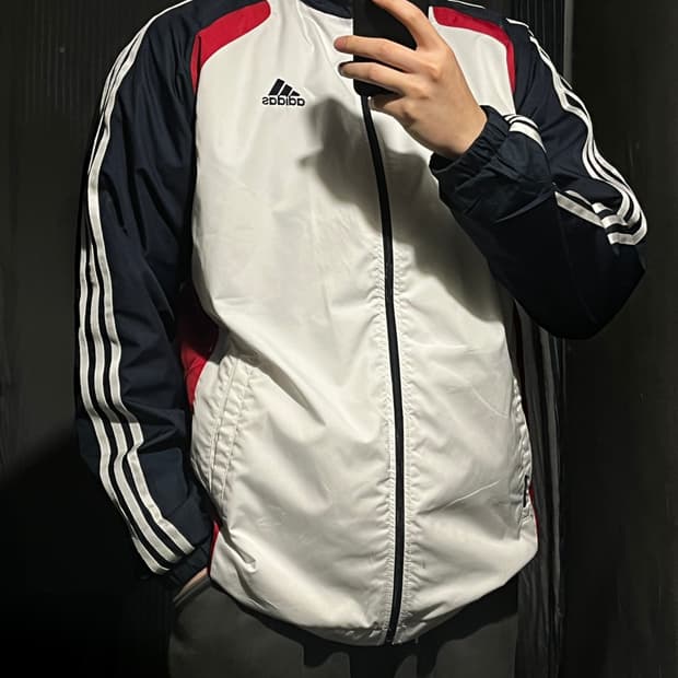 아디다스 JP 네이비 화이트 레드 배색 삼선 클라이마프루프 바람막이 L