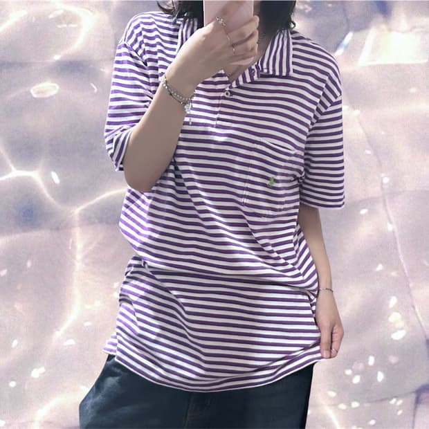 폴로 랄프로렌 PK 스트라이프 반팔 카라 티셔츠 퍼플 보라 XL