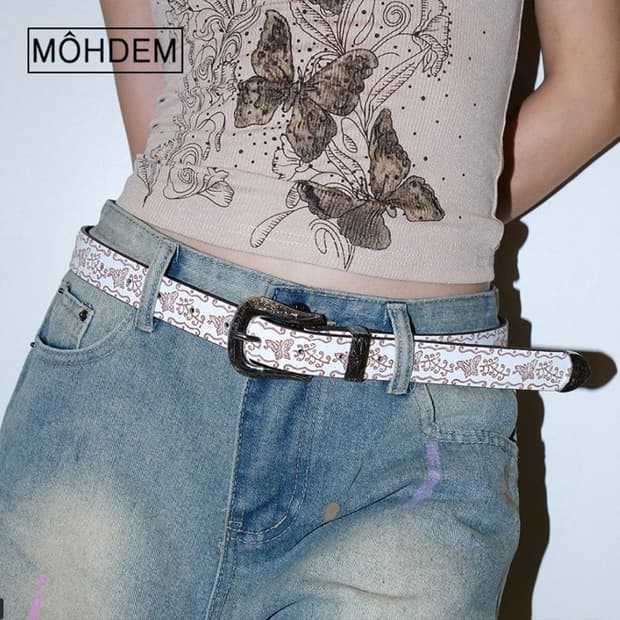 [Unisex]Y2K 에스닉 웨스턴 벨트 아이보리