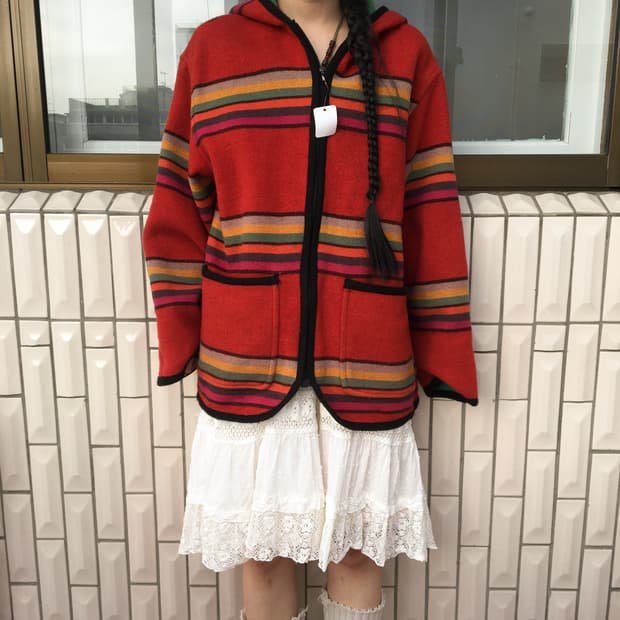 Stripe pattern woolen hood zip up