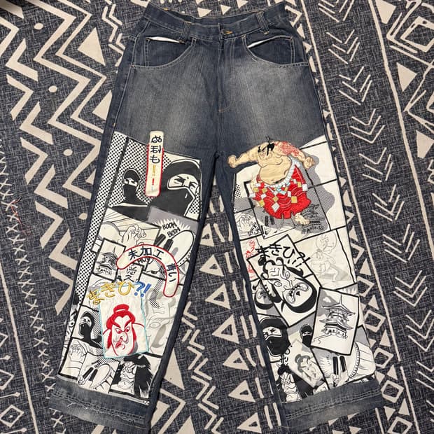 오리엔탈 카툰 패치워크 데님 팬츠