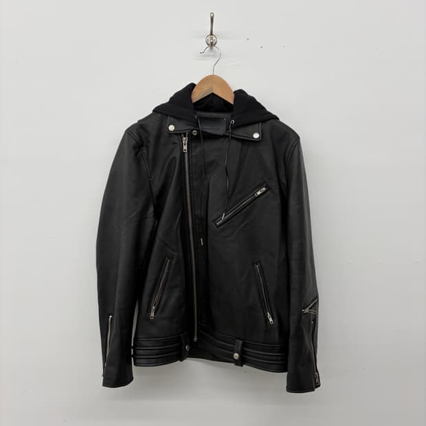 후드 레더 라이더 양가죽 자켓 블랙 남성 L