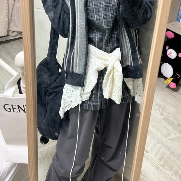 빈티지 코디셋 세로 스트라이프 니트 집업 가디건 트위드체크 원피스