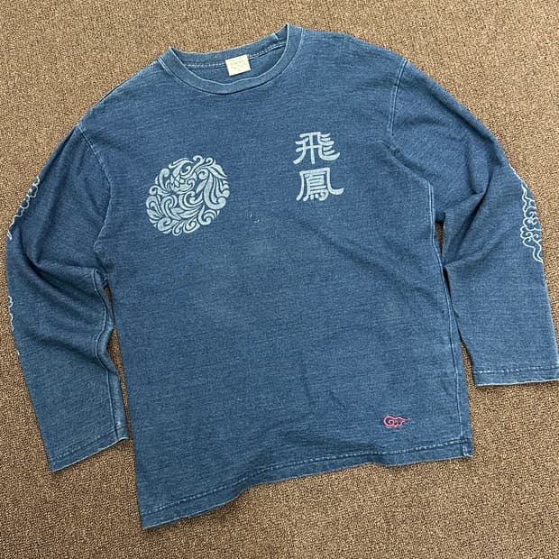 XL)글로벌 워크 빈티지 자수 디테일 프린팅 블루 롱슬리브