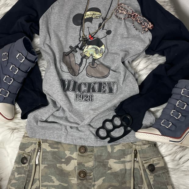 빈티지 카모 미키 래글런 티셔츠