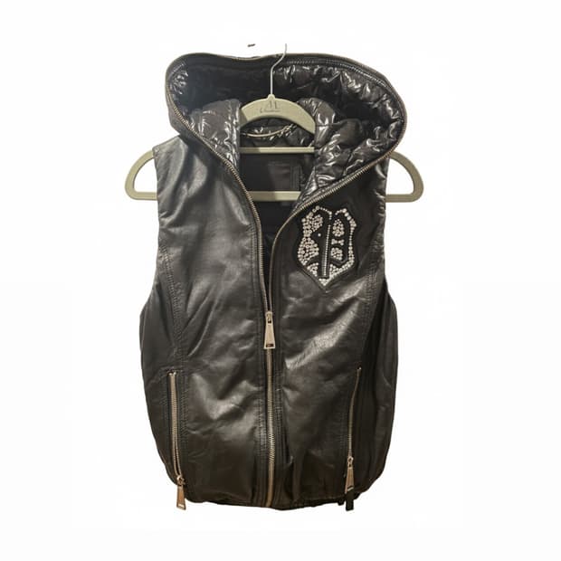 필립플레인 블랙 스컬 레더 패딩 조끼 XS