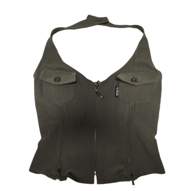 빈티지 카키 홀터넥 나시 슬리브리스