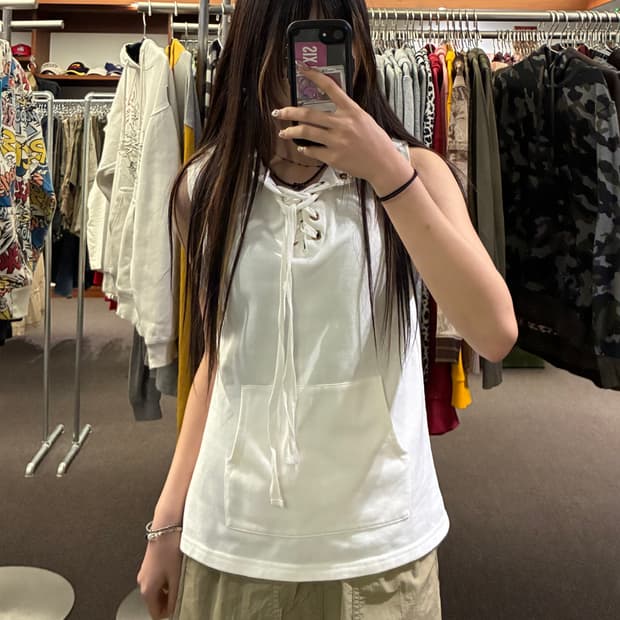M)Clef de Sol 빈티지 여성 레이스업 후드 나시