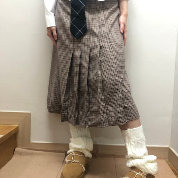 빈티지 브라운 핑크 체크 울 스커트