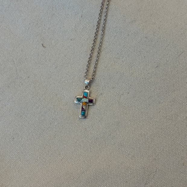 오팔 인레이 크로스 실버 펜던트