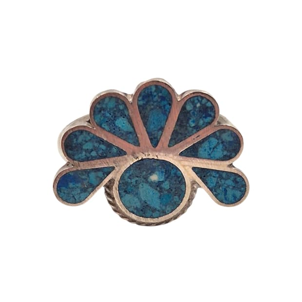 70s 멕시코 실버 925 터키석 인레이 꽃잎 반지