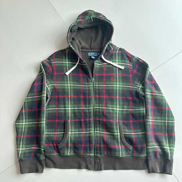 90s 폴로 랄프로렌 FULL 써멀 블랙와치 체크 후드집업