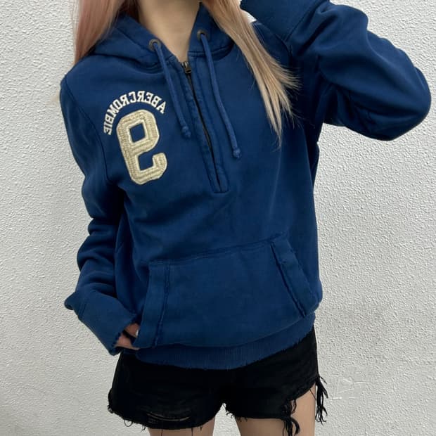 아베크롬비 9 로고 블루 반집업 후드 M