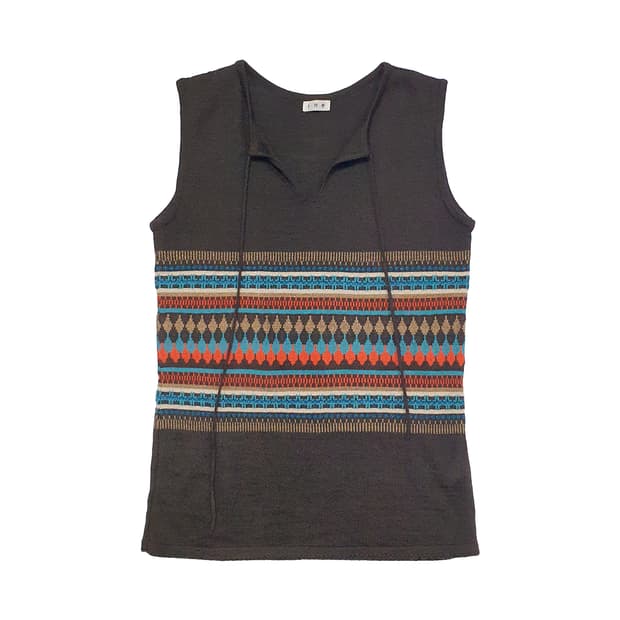 스트라이프 포인트 넥 리본 니트 슬리브리스 탑