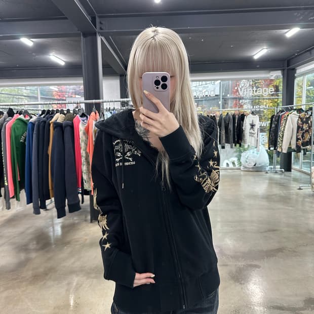 벤슨 스컬 로고자수 후드집업