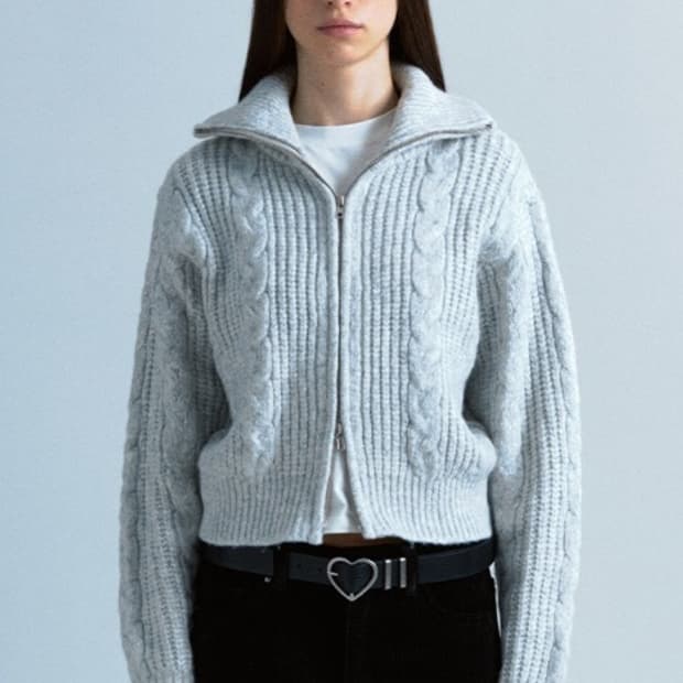 플랙 트위스트 집업 니트 가디건(라이트그레이)