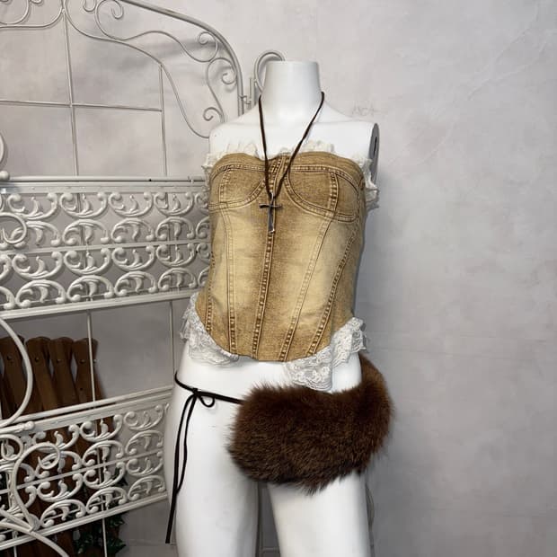 Washing beige denim lace tube top
