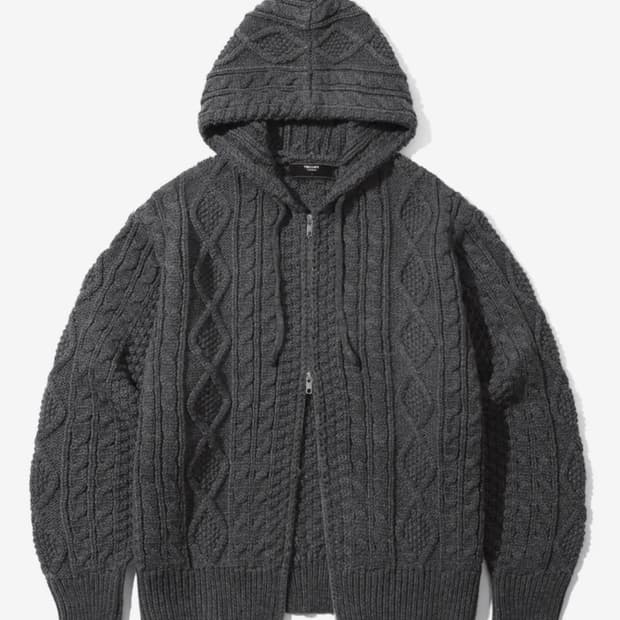 트릴리온 워셔블 아란 케이블 후드 집업 니트 (CHARCOAL) 