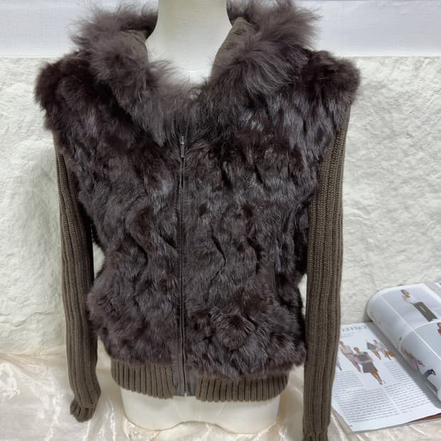 빈티지 브라운 폭스퍼 후드 웨이브 토끼털 양가죽 니트자켓 후드집업