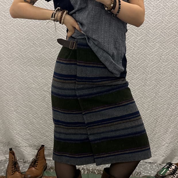 빈티지 하구미 에스닉 히피 스트라이프 벨티드 미디스커트 K0126