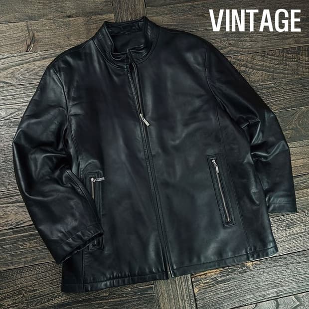 [빈티지] 리얼 쉽스킨 루즈핏 양가죽 레더 집업 자켓 블랙 M19974