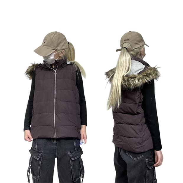 Gap 갭 버건디 y2k 패딩 조끼 울프죠 퍼 후드 베스트 M