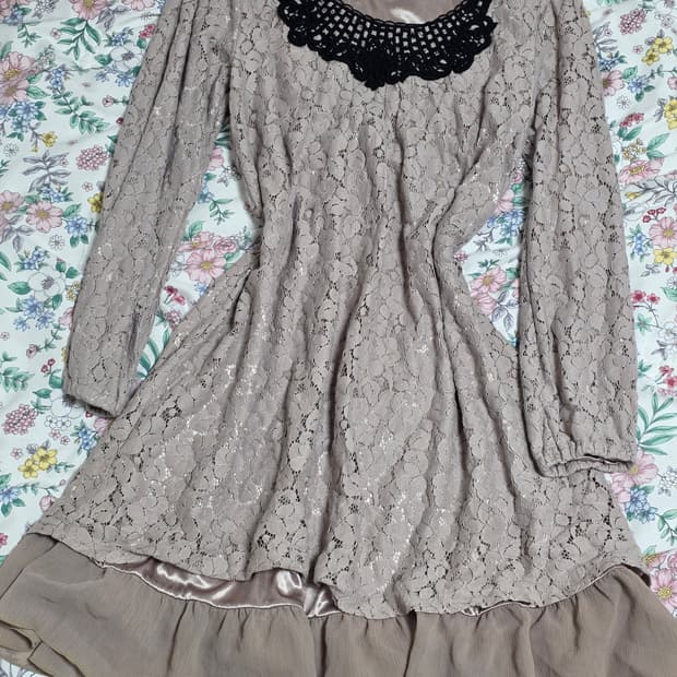 일본빈티지)밀크티라떼히메갸루 니트레이스크로셰 모리걸 레이어드원피스