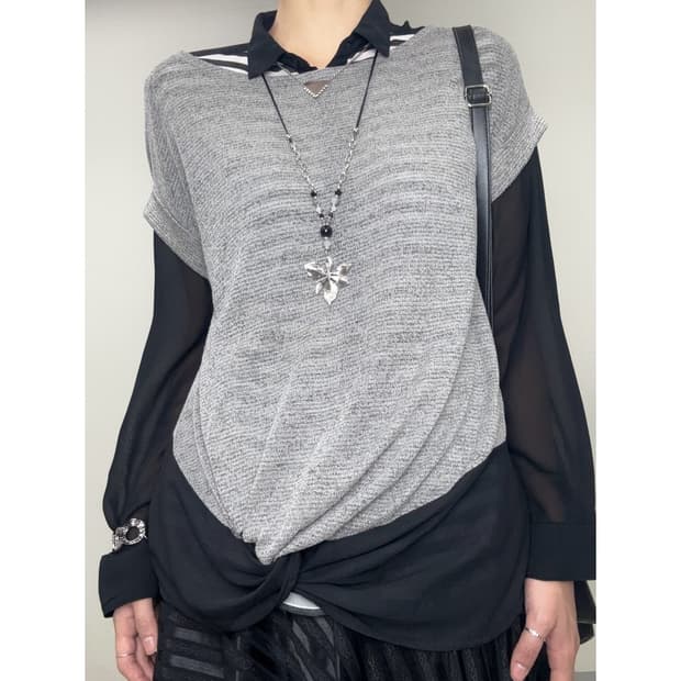 빈티지 그레이 반소매 블라우스