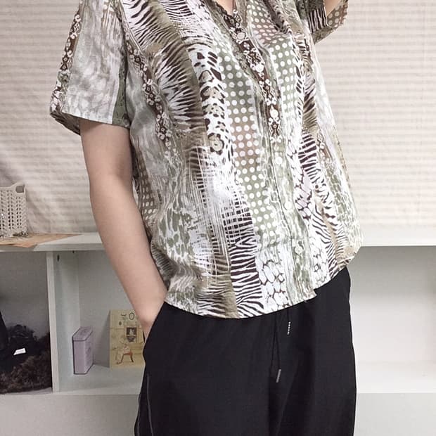 jpn vintage 그린 반팔 셔츠 도트 프린팅 y2k 스트릿 일본빈티