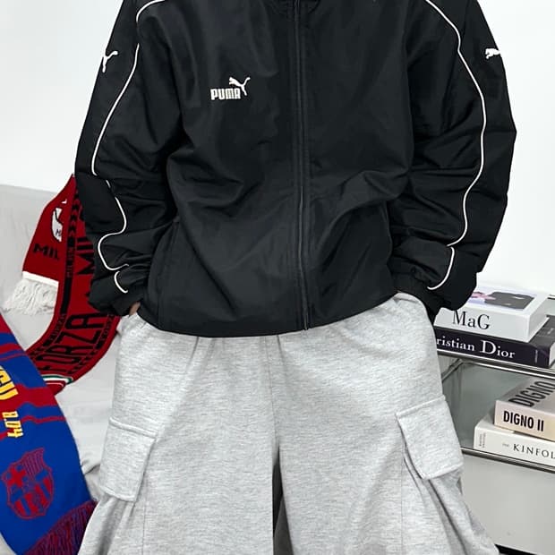 푸마 올드스쿨 블랙 파이핑 바람막이 2XL