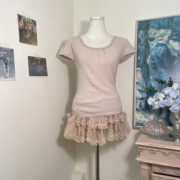 sheer pink square-neck shirring knit top