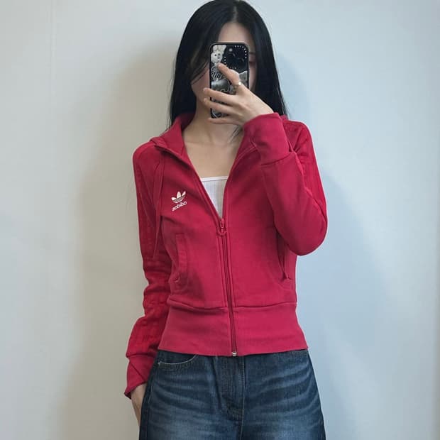 아디다스 자수로고 사이드라인 레드 후드집업